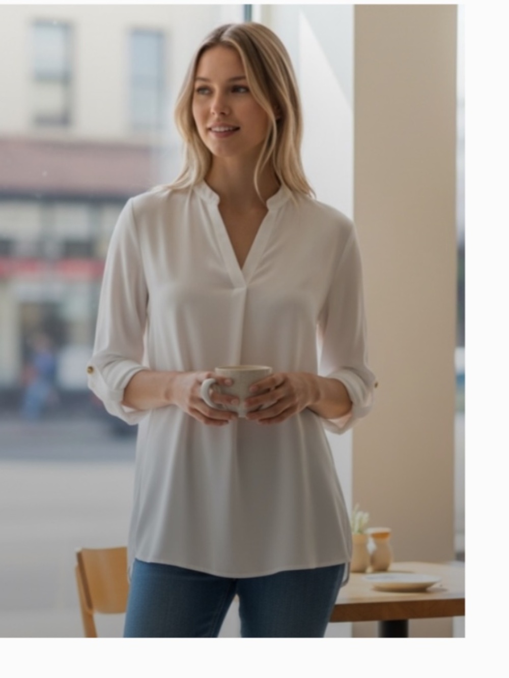 Vintage VOXX New York • White V-Neck Tunic Blouse • Roll-Tab Sleeves • Size L